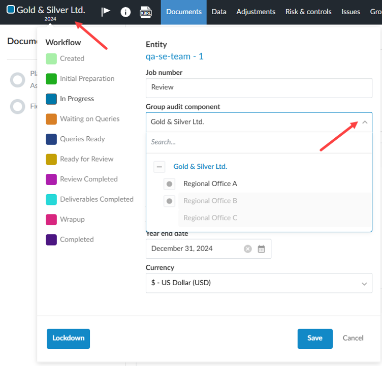 The user interface for opening the component level of a group audit.  Arrows point to the top left corner of the screen with the entity name and the dropdown list arrow under the section Group audit component.